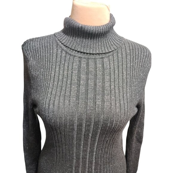 212 Collection L Womens Gray Sweater Turtleneck Ribbed Metallic Long Sleeve Knit - Picture 2 of 11